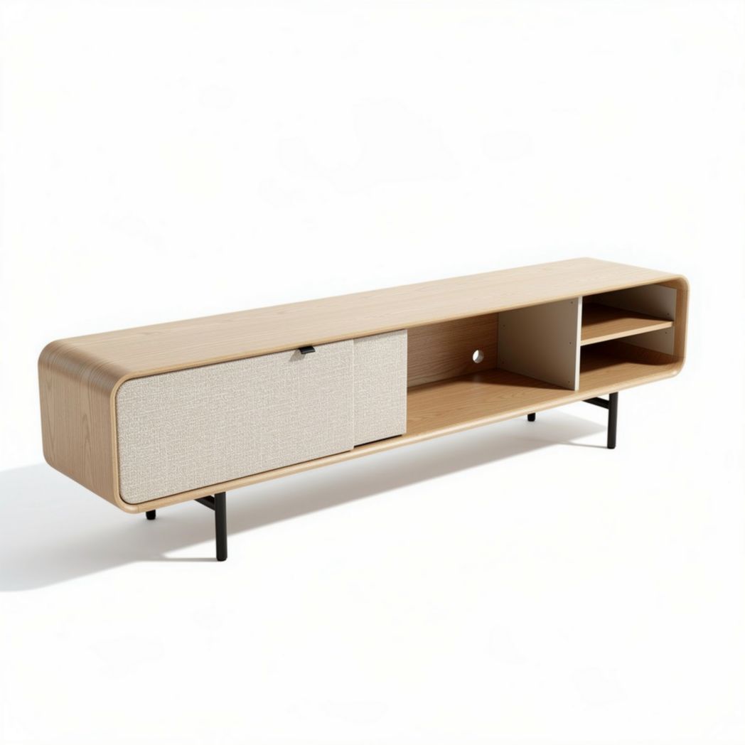 Modern wooden TV stand with fabric door and open shelving 140 x 40 x 45cm