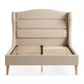 Upholstered bed frame with wooden slats and beige fabric finish 205 x 160 x 100cm