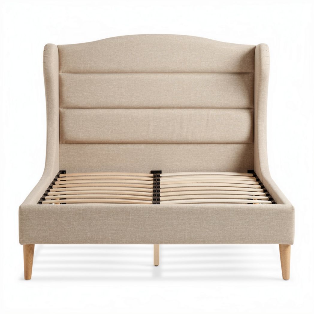 Upholstered bed frame with wooden slats and beige fabric finish 205 x 160 x 100cm