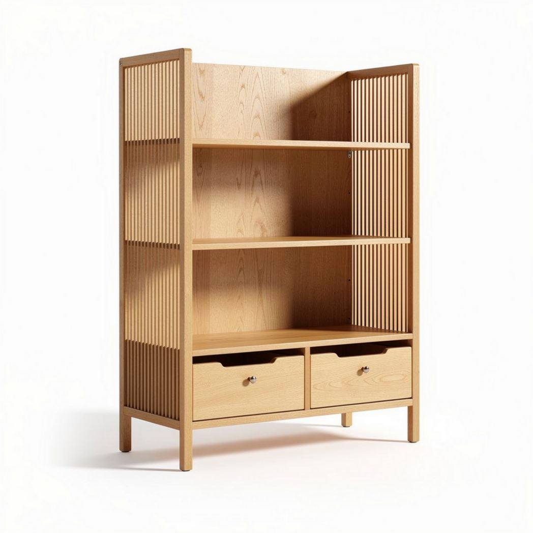 Wooden bookshelf with two drawers and open shelving in natural finish 80 x 30 x 150cm