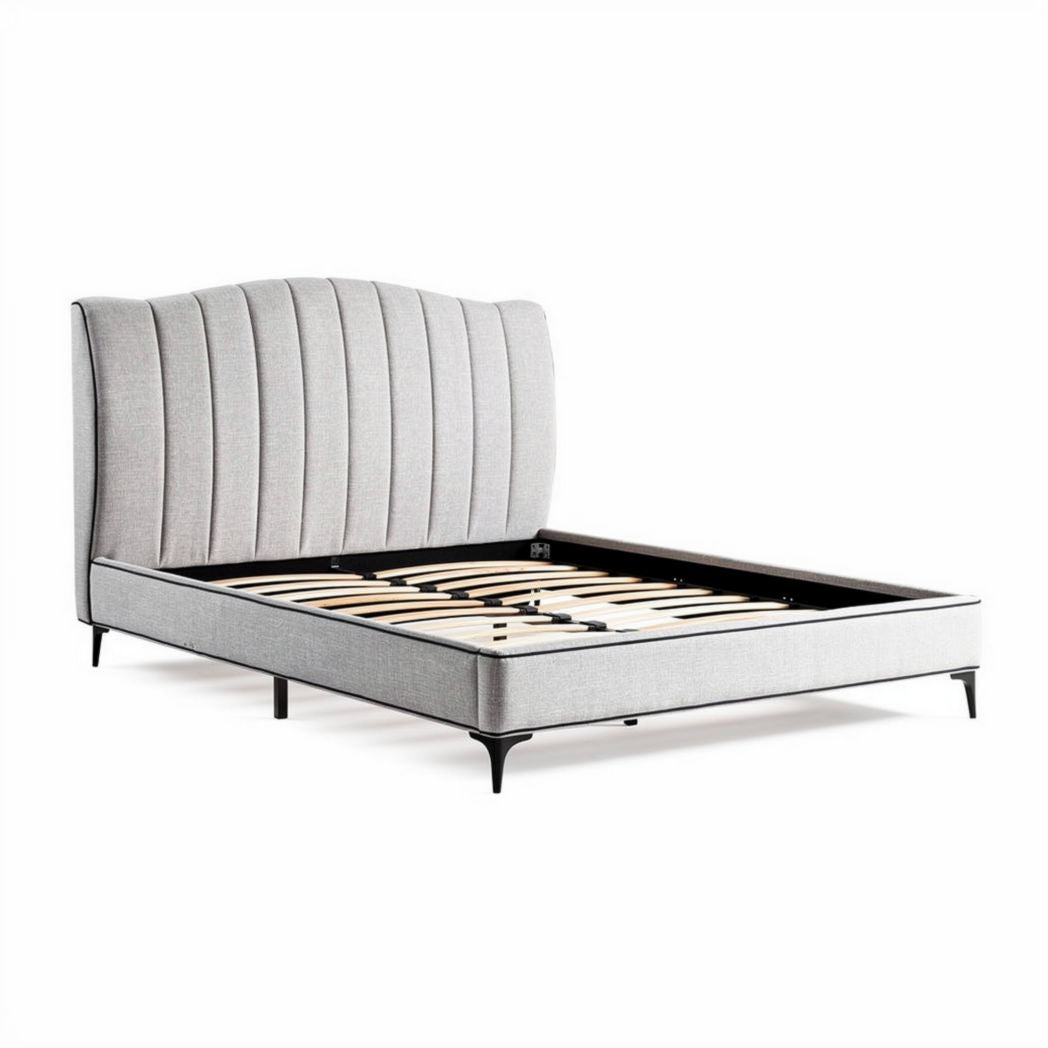 Upholstered queen bed frame with wood slat support in gray fabric 200 x 160 x 100cm