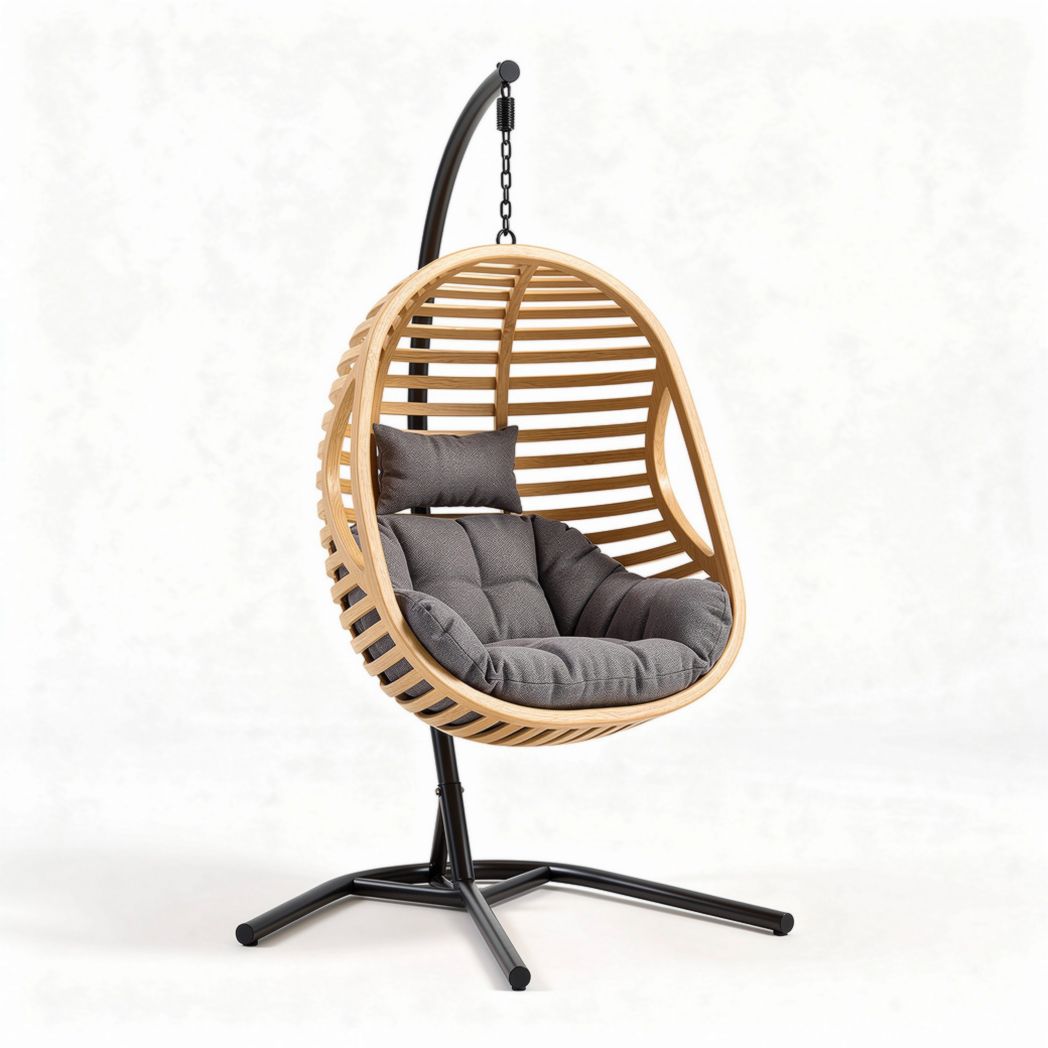 Hanging rattan chair with dark gray cushion and steel stand 80 x 70 x 120cm