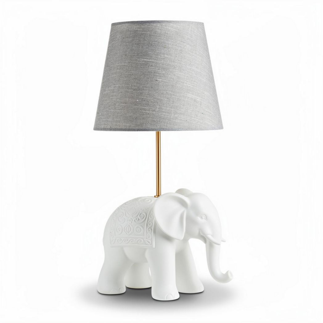 Elephant shaped table lamp with gray fabric shade and ceramic base 30 x 20 x 50cm